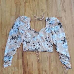 MABLE Floral Puff Sleeve Blouse - Beige And Floral Satin Exquisite